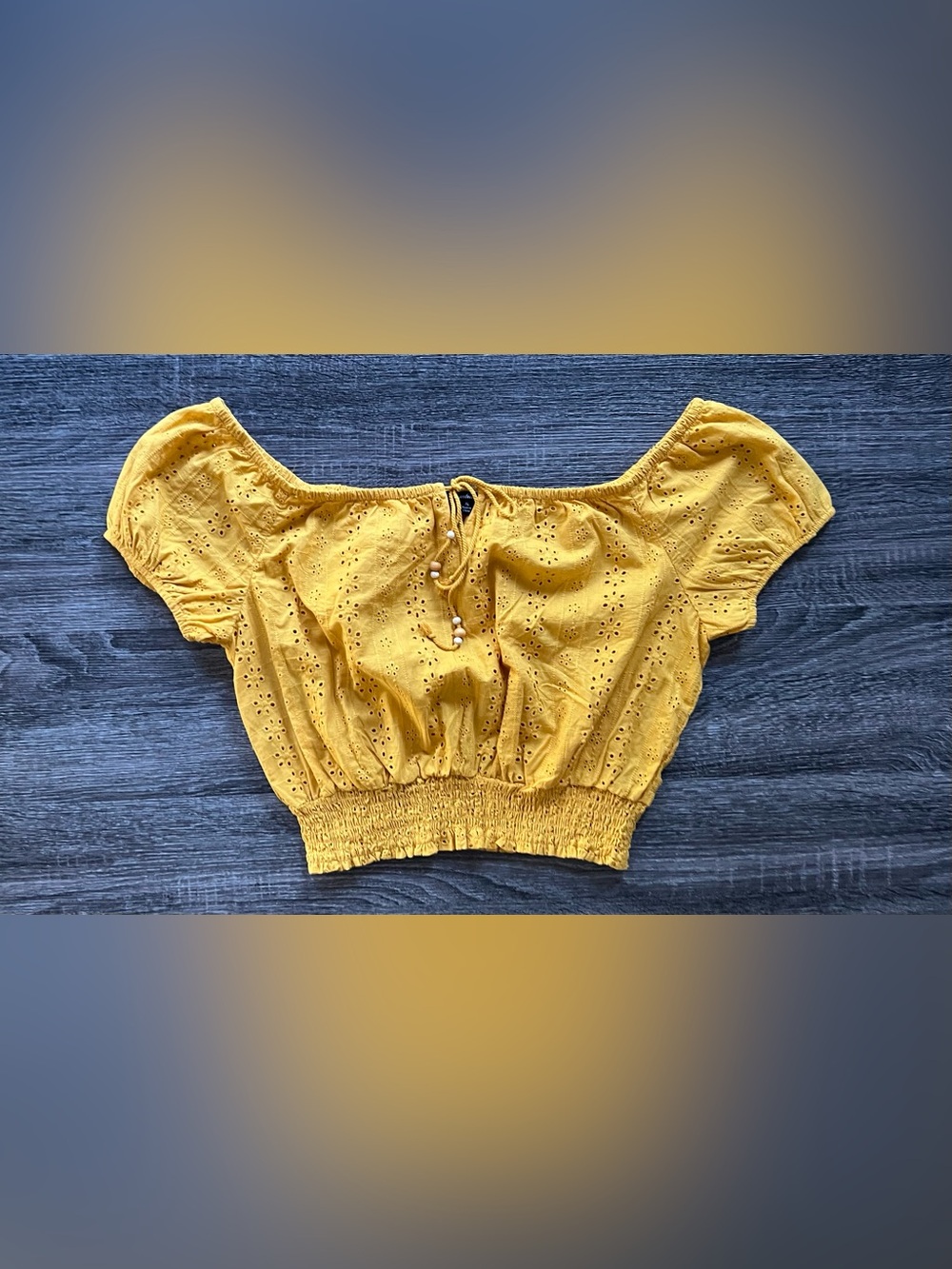 Ambiance Mustard Yellow Eyelet Off-Shoulder Crop Top